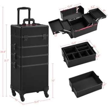 Yaheetech 4 in 1 Professional Makeup Train Case Aluminum Cosmetic Case Rolling Makeup Case Extra Large Trolley Makeup Travel Organizer, with 360° Swivel Wheels, Black