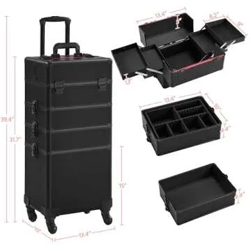 Yaheetech 4 in 1 Professional Makeup Train Case Aluminum Cosmetic Case Rolling Makeup Case Extra Large Trolley Makeup Travel Organizer, with 360° Swivel Wheels, Black