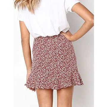 Hibluco Women's Casual Printed Asymmetrical Ruffles Tie up High Waist Short Skirt Wine Red