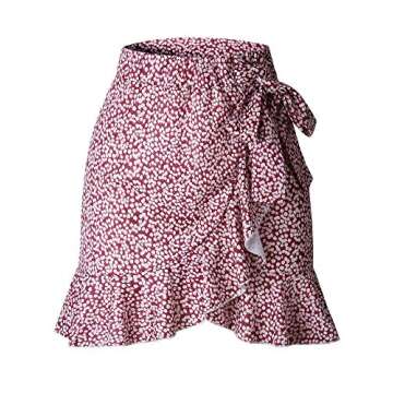Hibluco Women's Casual Printed Asymmetrical Ruffles Tie up High Waist Short Skirt Wine Red