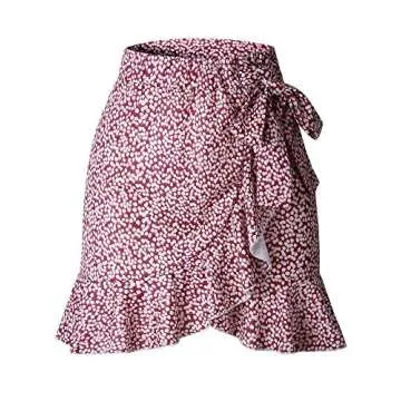 Hibluco Women's Casual Printed Asymmetrical Ruffles Tie up High Waist Short Skirt Wine Red