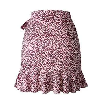 Hibluco Women's Casual Printed Asymmetrical Ruffles Tie up High Waist Short Skirt Wine Red