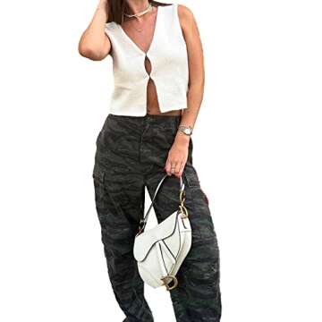 Women Y2k Button Down Crochet Knit Vest Sleeveless Hollow Out Crop Tops Vintage Casual V-Neck Versatile Streetwear (A-White,Medium)