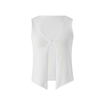 Women Y2k Button Down Crochet Knit Vest Sleeveless Hollow Out Crop Tops Vintage Casual V-Neck Versatile Streetwear (A-White,Medium)