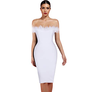 Whoinshop Women's Sexy Off Shoulder Feather Bandage Evening Club Party Dress White