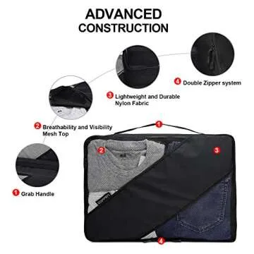 Zoppen 6 Set Packing Cubes (Large, Medium, Small and Slim) - Travel Luggage Organizer with Laundry Bag and Shoe Bag, Black