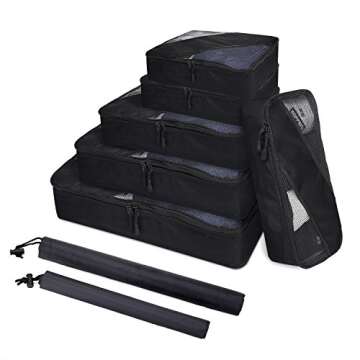 Zoppen 6 Set Packing Cubes (Large, Medium, Small and Slim) - Travel Luggage Organizer with Laundry Bag and Shoe Bag, Black