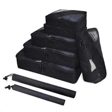 Zoppen 6 Set Packing Cubes (Large, Medium, Small and Slim) - Travel Luggage Organizer with Laundry Bag and Shoe Bag, Black