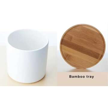 1pc - 6 Inch Indoor Outdoor Planter- Porcelain Ceramic Plant Pot with Drain Hole and Bamboo Tray (White), 6INCHPOT