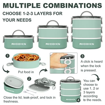 RIKDOKEN Lunch Box - Stackable 3 Layer Leakproof Bento Box