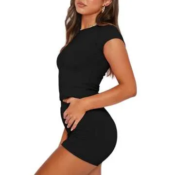 SAMPEEL Two Piece Sets for Women Summer Tshirt High Waist Shorts Workout Matching Outfits Black M
