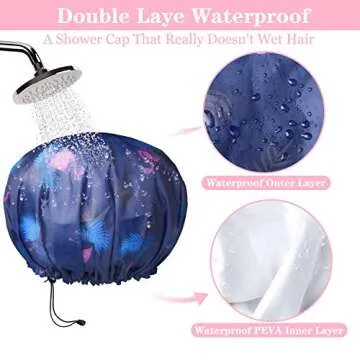 3 Pack Extra Large Double Layer Adjustable Shower Caps for Women, Waterproof Exterior & EVA Lining, Oversized Design for All Hair Lengths