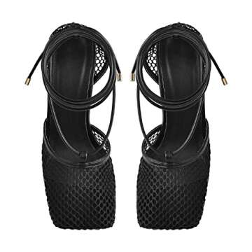 Richealnana Women's Mesh Pumps Sandals Female Square Toe High Heel Lace Up Cross-Tied Stiletto Hollow Sandals Birthday Party Strappy Heeled Sandals Black US 9.5