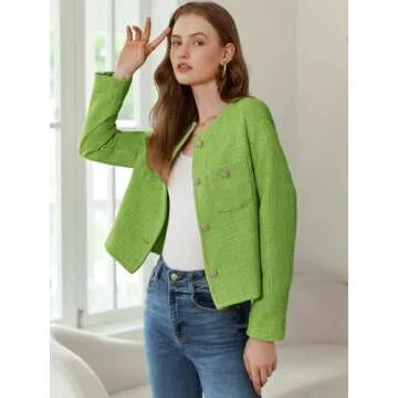 Women's Tweed Jackets Long Sleeve Business Button Down Casual Cropped Blazer with Pockets Green