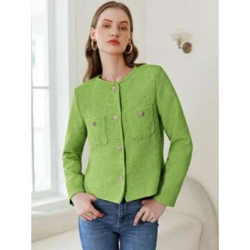 Women's Tweed Jackets Long Sleeve Business Button Down Casual Cropped Blazer with Pockets Green