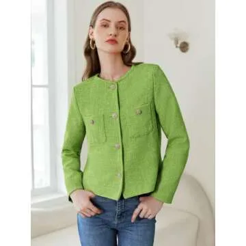 Women's Tweed Jackets Long Sleeve Business Button Down Casual Cropped Blazer with Pockets Green