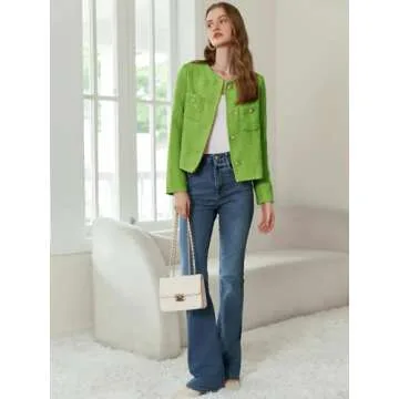 Women's Tweed Jackets Long Sleeve Business Button Down Casual Cropped Blazer with Pockets Green