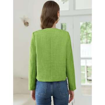 Women's Tweed Jackets Long Sleeve Business Button Down Casual Cropped Blazer with Pockets Green