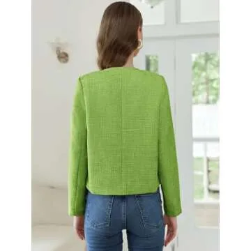 Women's Tweed Jackets Long Sleeve Business Button Down Casual Cropped Blazer with Pockets Green
