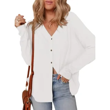 Dokotoo Womens Waffle Knit Fall Tops for Women 2024 Trendy Fashion Long Sleeve Button Down Slouchy S...