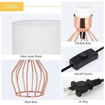 HAITRAL Rose Gold Table Lamps Set of 2- Minimalist Bedside Lamp, Modern Basket Cage Style Chrome Metal Base with Linen Fabric Shade Lamps for Bedroom, Girls Room, Gifts - Rose Gold