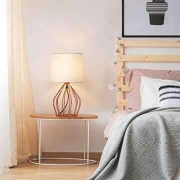 HAITRAL Rose Gold Table Lamps Set of 2- Minimalist Bedside Lamp, Modern Basket Cage Style Chrome Metal Base with Linen Fabric Shade Lamps for Bedroom, Girls Room, Gifts - Rose Gold