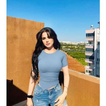 OQQ Women's 2 Piece Tops Short Sleeve Crew Neck Ruched Stretch Fitted Tee Shirts Tops Green Haze Blue