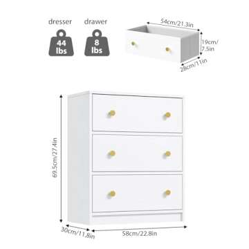 Nicehill 3 Drawer Dresser, White Nightstand for Bedroom with Fabric Drawers, Small Dresser Bedside Table Chest of Drawers for Bedroom, Hallway, Entryway, Closets,Kids' Room (White)
