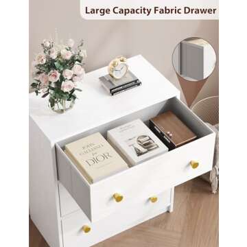 Nicehill 3 Drawer Dresser, White Nightstand for Bedroom with Fabric Drawers, Small Dresser Bedside Table Chest of Drawers for Bedroom, Hallway, Entryway, Closets,Kids' Room (White)