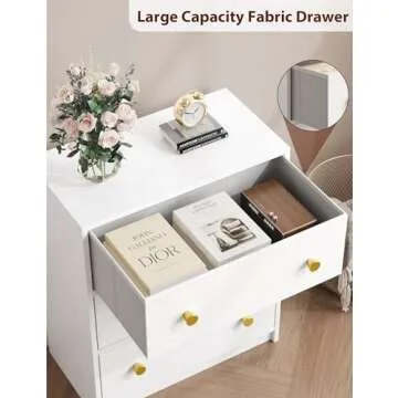 Nicehill 3 Drawer Dresser, White Nightstand for Bedroom with Fabric Drawers, Small Dresser Bedside Table Chest of Drawers for Bedroom, Hallway, Entryway, Closets,Kids' Room (White)