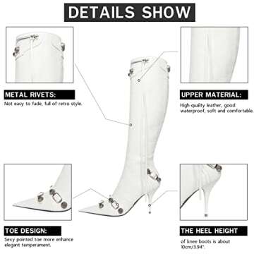 VOMIRA Knee High Boots for Women Stiletto Boots Pointed Toe High Heels Rivets Tassels Boots Fashion Party Dressy Boots with Zipper White Boots