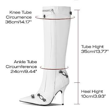VOMIRA Knee High Boots for Women Stiletto Boots Pointed Toe High Heels Rivets Tassels Boots Fashion Party Dressy Boots with Zipper White Boots
