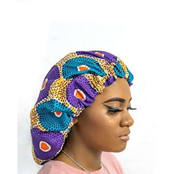 Hair Bonnets for Black Women Curly Kinky Hair Locs and Braids Double Layer Stretch Satin Protective Sleep Cap (Purple(Adah))