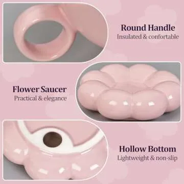 ARISKEY Cute Coffee Mug for Women,Tea Cup and Saucer Set with Spoon,6.5oz/200ml for Latte and Milk,Dishwasher and Microwave Safe,Suitable for Mom,Peach Pink