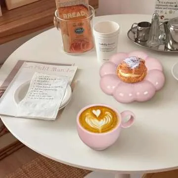 ARISKEY Cute Coffee Mug for Women,Tea Cup and Saucer Set with Spoon,6.5oz/200ml for Latte and Milk,Dishwasher and Microwave Safe,Suitable for Mom,Peach Pink