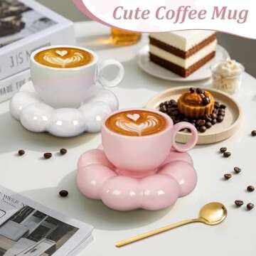 ARISKEY Cute Coffee Mug for Women,Tea Cup and Saucer Set with Spoon,6.5oz/200ml for Latte and Milk,Dishwasher and Microwave Safe,Suitable for Mom,Peach Pink