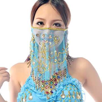 Wuchieal Women's Belly Dance Tribal Face Veil With Halloween Costume Accessory (Light Blue)