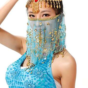 Wuchieal Women's Belly Dance Tribal Face Veil With Halloween Costume Accessory (Light Blue)
