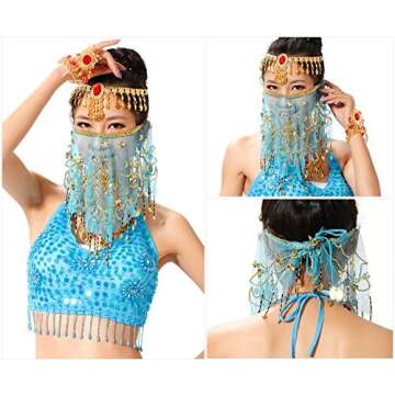 Wuchieal Women's Belly Dance Tribal Face Veil With Halloween Costume Accessory (Light Blue)