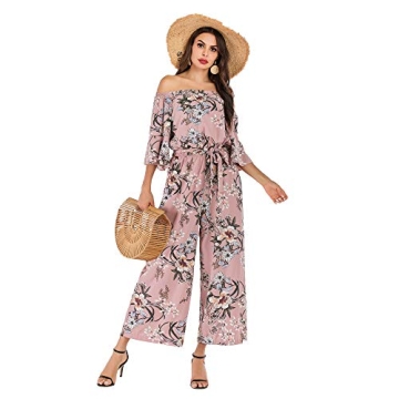 Love Welove Fashion Jumpsuits for Women, Floral Off Shoulder Ruffled Short Sleeve High Waist Wide Leg Pants Romper Dressy