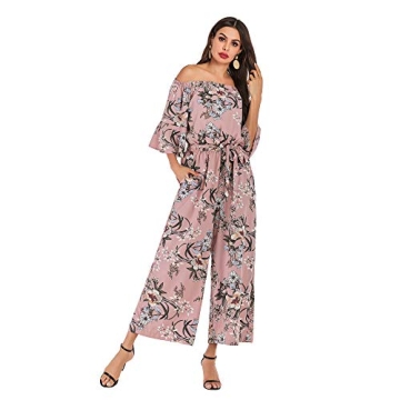 Love Welove Fashion Jumpsuits for Women, Floral Off Shoulder Ruffled Short Sleeve High Waist Wide Leg Pants Romper Dressy