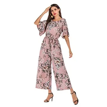 Love Welove Fashion Jumpsuits for Women, Floral Off Shoulder Ruffled Short Sleeve High Waist Wide Leg Pants Romper Dressy