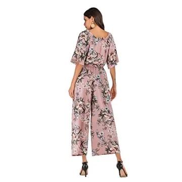 Love Welove Fashion Jumpsuits for Women, Floral Off Shoulder Ruffled Short Sleeve High Waist Wide Leg Pants Romper Dressy