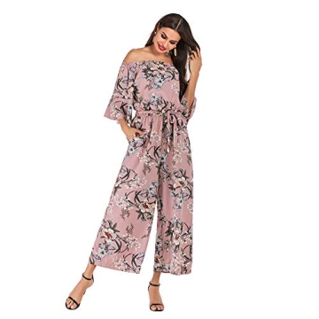 Love Welove Fashion Jumpsuits for Women, Floral Off Shoulder Ruffled Short Sleeve High Waist Wide Leg Pants Romper Dressy