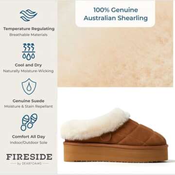 Dearfoams Shearling Platform Slippers Bendigo Comfy Puff Plush Womens Clog House Shoes, Chestnut, 8