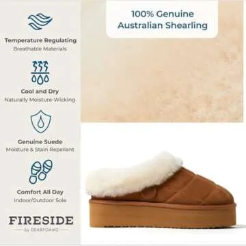 Dearfoams Shearling Platform Slippers Bendigo Comfy Puff Plush Womens Clog House Shoes, Chestnut, 8