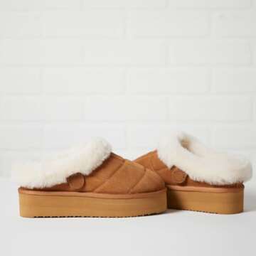 Dearfoams Shearling Platform Slippers Bendigo Comfy Puff Plush Womens Clog House Shoes, Chestnut, 8