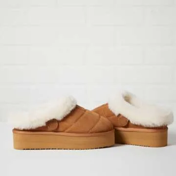 Dearfoams Shearling Platform Slippers Bendigo Comfy Puff Plush Womens Clog House Shoes, Chestnut, 8