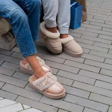 Dearfoams Shearling Platform Slippers Bendigo Comfy Puff Plush Womens Clog House Shoes, Chestnut, 8