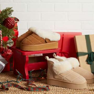 Dearfoams Shearling Platform Slippers Bendigo Comfy Puff Plush Womens Clog House Shoes, Chestnut, 8